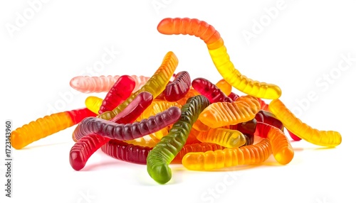 Colorful gummy worms piled on white background