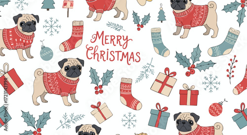 Festive holiday pattern featuring pugs wearing sweaters, gifts, stockings and holly berries, perfect for Christmas cheer and seasonal designs