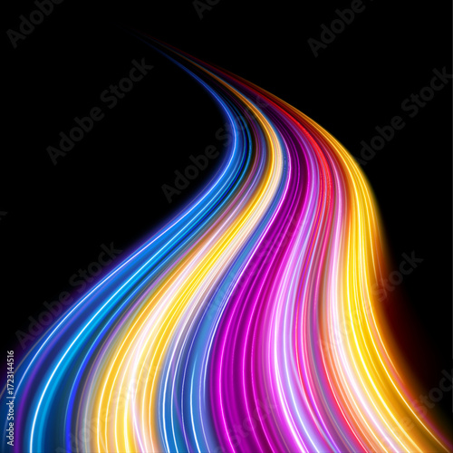 Electric ribbons of light twist in an abstract vortex, glowing in shades of blue, violet, and yellow. Every curve suggests rapid digital movement. A dance of velocity.
