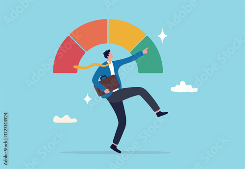 Performance evaluation, employee rating assessment, appraisal review or high potential employee, staff achievement, excellent job candidate concept, happy businessman on high performance gauge.