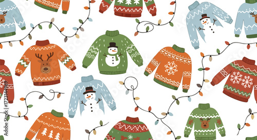 Festive Christmas sweaters adorned with snowmen, reindeer, snowflakes, and trees, intertwined with colorful string lights for holiday cheer