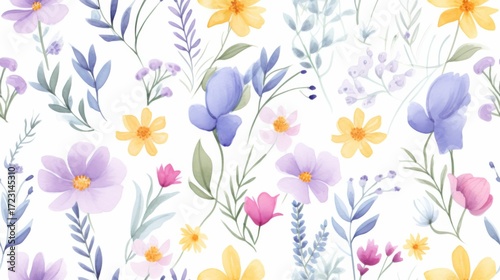 watercolor yellow, purple and pink floral pattern