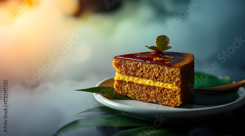 Chocolate Cake Slice with Creamy Filling and Gold Butterfly Garnish on a Plate with Smoke Effect