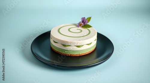 Minimalist Overhead View of a Single Matcha Cheesecake with Green Swirl and Flower Garnish, Served on a Black Plate with a Light Blue Background