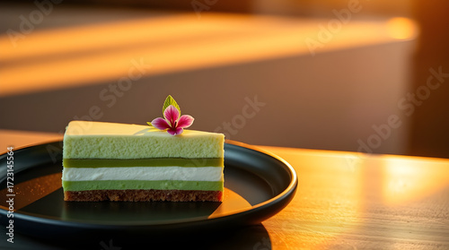 Elegant Slice of Layered Matcha Mousse Cake with Flower Garnish, Bathed in Warm Golden Hour Sunset Light on a Black Plate
