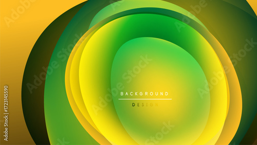 Abstract layers create vibrant circular design. Yellow, green hues blend, forming smooth transitions. Minimalist text adds subtle detail.