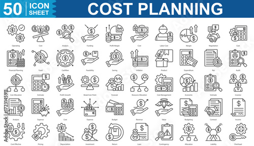 Cost Planning Icon Set Collection. Operating, cost, analysis, funding, profit margin, cost, labor cost and more. Illustration eps 10