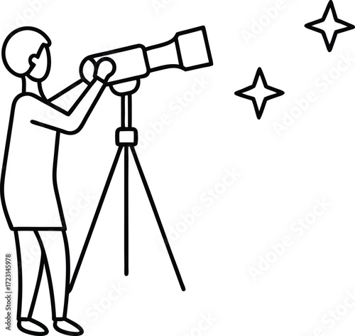 person photographing stars with telescope line art