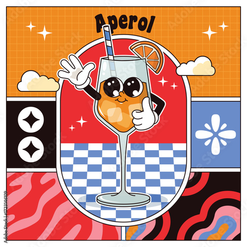 Vintage groovy mascot aperol square banner