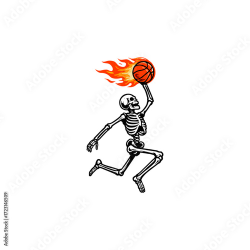 Skeleton dunking a flaming basketball