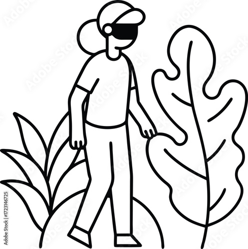 person with vr headset exploring jungle line art