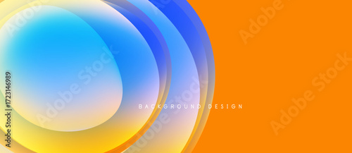 Abstract layers create vibrant orange, blue, yellow gradients. Smooth shapes suggest movement, modern design aesthetic.