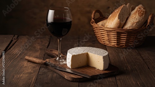 A sliced brie cheese, a glass of red wine, and a basket of crusty bread, all set against a rustic wooden table, creating a delightful still life.