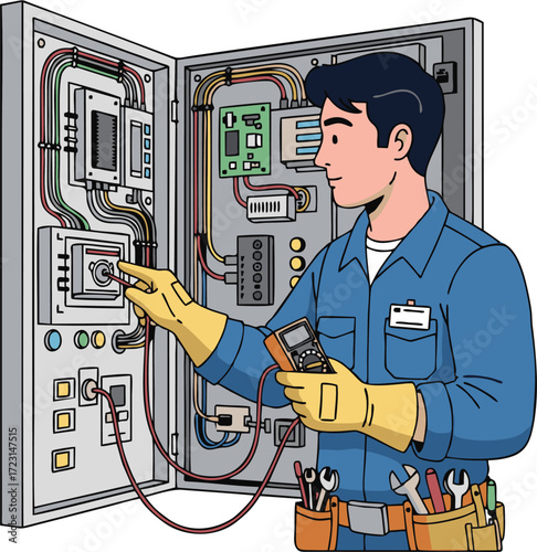 Professional electrician performing essential electrical panel maintenance and safety checks, diligently using a multimeter for diagnostic testing and troubleshooting