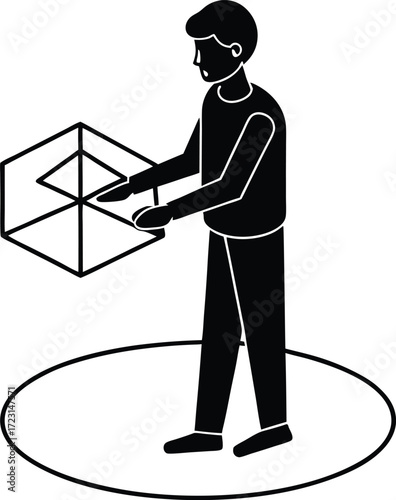 person working with 3d hologram screen line art