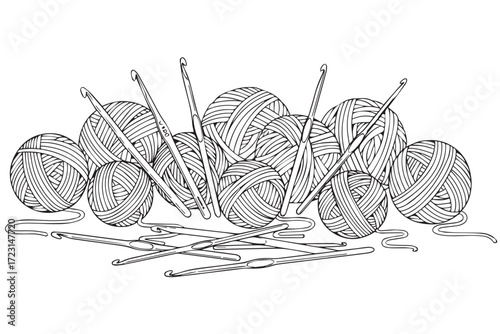 A collection of yarn balls and crochet hooks isolated on Transparent Background
