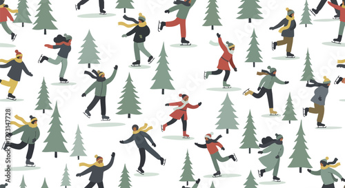 Joyful diverse people ice skating merrily amidst winter trees, celebrating outdoor winter fun and healthy activity