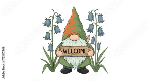 Charming gnome with welcome sign surrounded by bluebell flowers brings a touch of whimsy to your garden themed designs