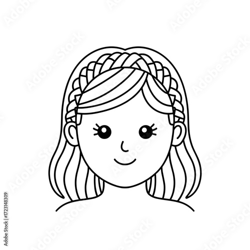 Girl with braided hair smiling in simple black and white illustration  