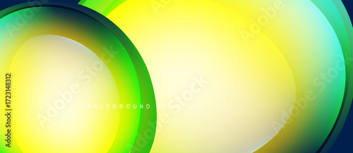 Abstract background features vibrant yellow, green gradients. Overlapping curves create dynamic visual effect. Modern design element.