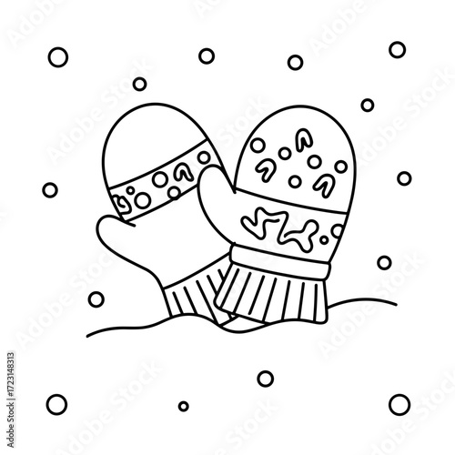 Two winter mittens with patterns in snow on white background  