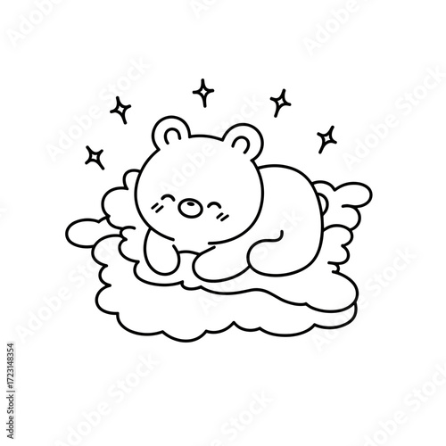 Cute bear sleeping on a cloud with sparkling stars around  