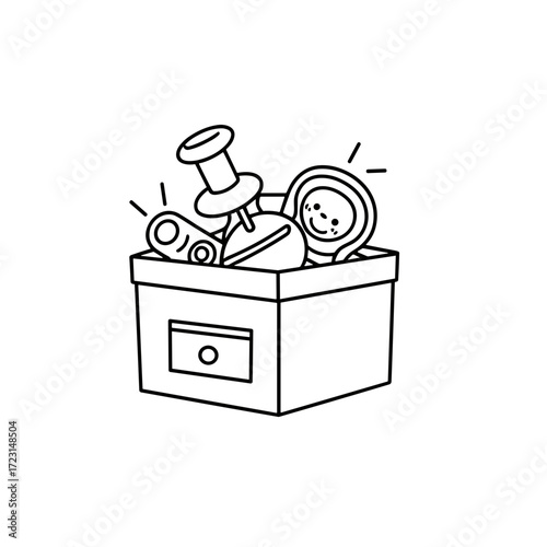 Box filled with various office supplies and stationery items  