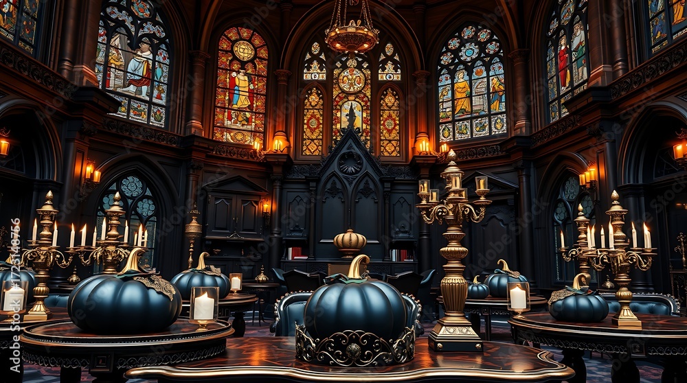 Obraz premium Gothic hall decorated with pumpkins and candelabras under stained glass windows in dim lighting
