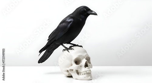 A crow perched on a skull, placed neatly on a clean background