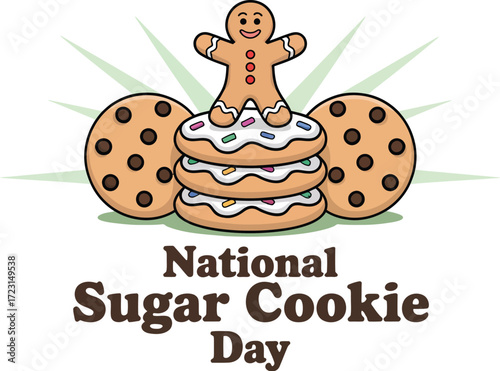 Festive gingerbread man atop sweet decorated cookies celebrates National Sugar Cookie Day
