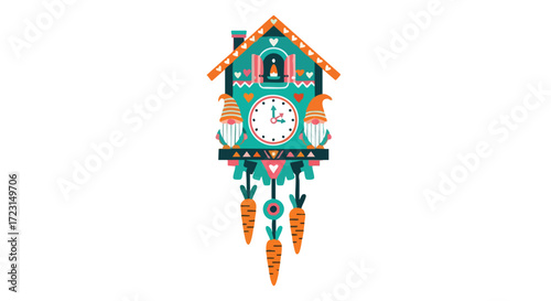 Charming cuckoo clock adorned with gnomes and carrots for whimsical decor, perfect for Easter celebrations or a playful home accent