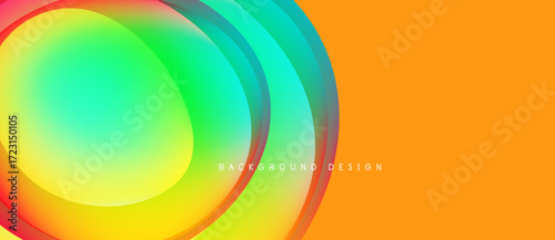 Abstract vibrant layers create dynamic visual flow. Orange background complements colorful circular shapes, modern design.