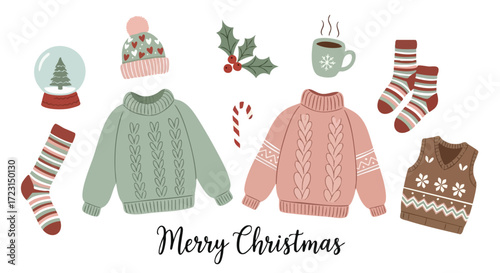 Cozy Christmas apparel collection featuring sweaters socks hats and festive holiday elements for winter celebrations