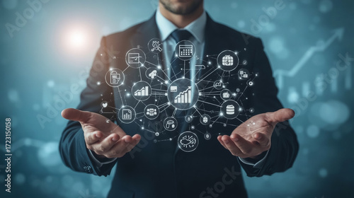 Data Visualization: A sharply dressed executive presents an intricate network of data visualizations, a symbol of analytical power and business insight.