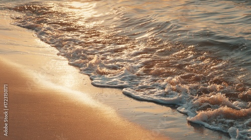 Tranquil Ocean Waves Gently Lapping on Golden Sandy Beach at Sunrise with Beautiful Reflections and Warm Colors