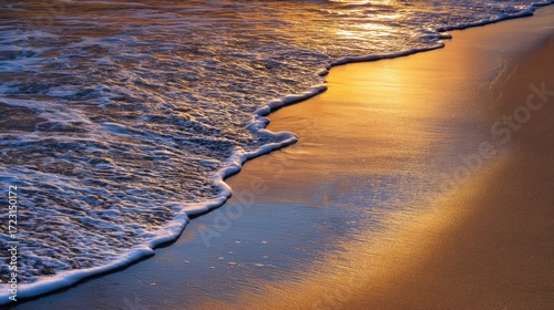 Serene Ocean Waves Gently Lapping on Golden Sand at Sunset with Glowing Reflections in Tranquil Seascape