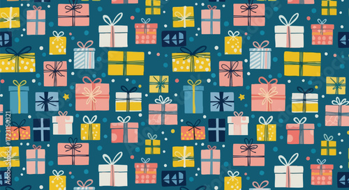 Festive gift box pattern perfect for holiday backgrounds and joyful designs in vibrant colors for wrapping paper and seasonal celebrations