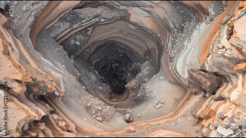 Aerial view of a collapsed ground in a residential area, houses partially tilted near the sinkhole, realistic disaster scene, no people
