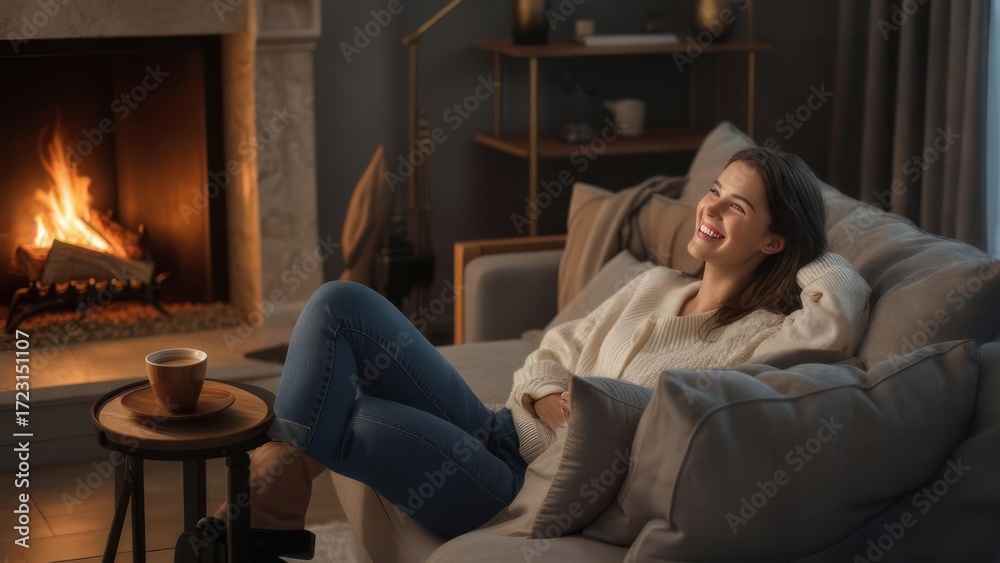 Obraz premium Joyful woman relaxing by a warm fireplace with a cozy drink, experiencing ultimate comfort and peace at home