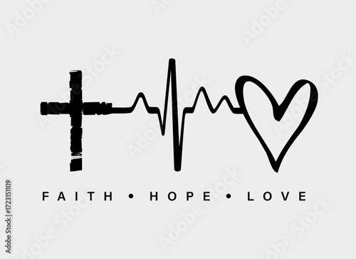 Faith Hope Love - creative concept for t-shirt. Inspiration design with cross, pulse line and heart for church merch or youth apparel. Vector illustration