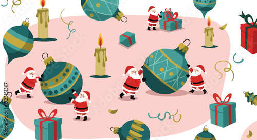 Joyful Santas decorating festive Christmas ornaments and gifts with candles and confetti for holiday celebrations