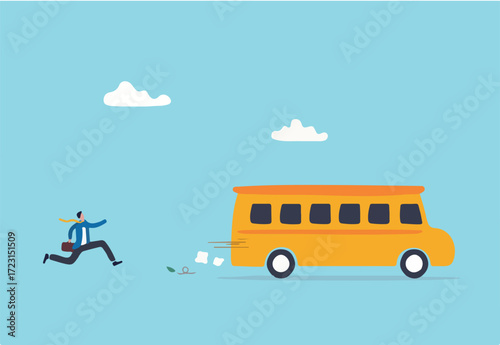 Left behind, exclusion or forgotten employee, failure or mistake to come late and miss the bus, opportunity gone away concept, frustrated businessman come late running to catch the run away bus.