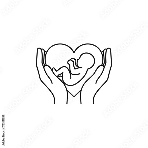 Hands holding heart with fetus outline for motherhood concept on isolated background