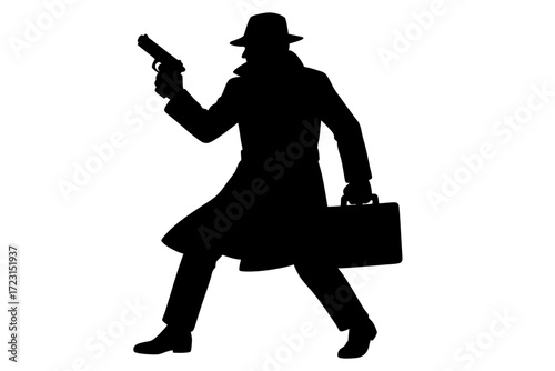 Silhouette of detective in trench coat with gun and briefcase in action. Clipart image.
