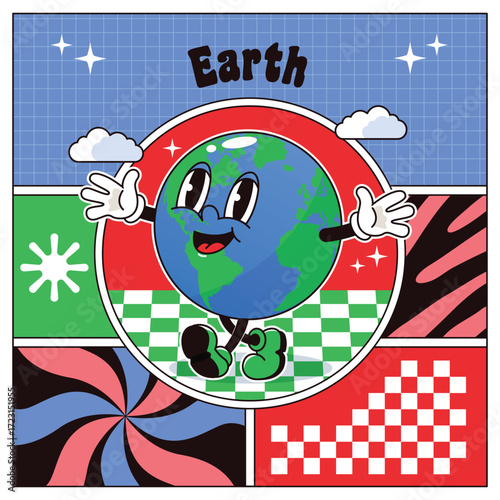 Vintage groovy mascot earth square banner