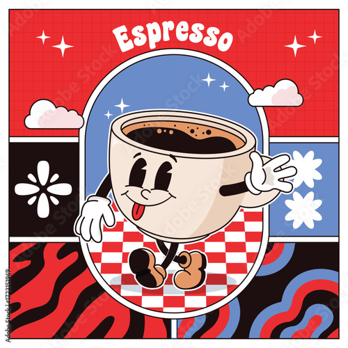 Vintage groovy mascot espresso coffee square banner