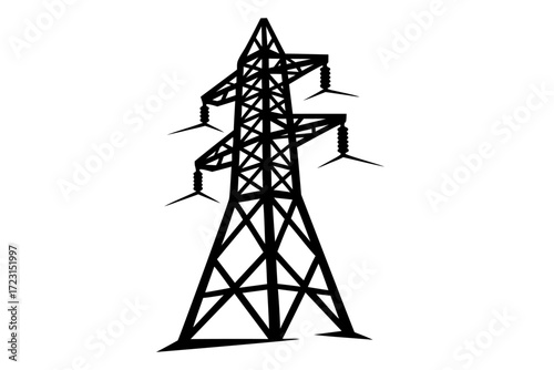 Silhouette of electric transmission tower on white background. Clipart image.