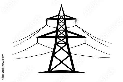 Black and white illustration of electricity transmission tower with wires. Clipart image.