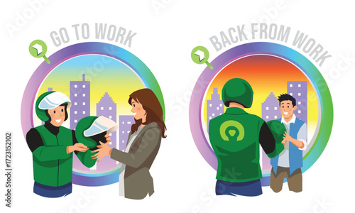 An illustration of online transportation for picking up and dropping off passengers to and from work.
