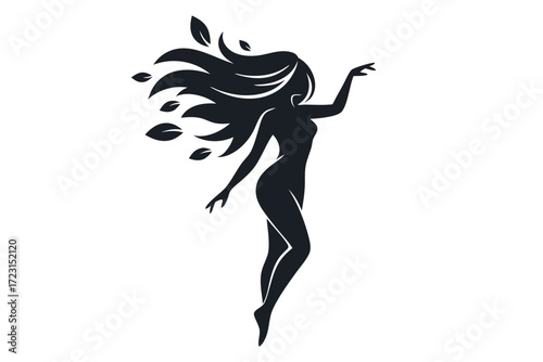 Silhouette of graceful nymph dancing with flowing hair and dynamic pose. Clipart image.
